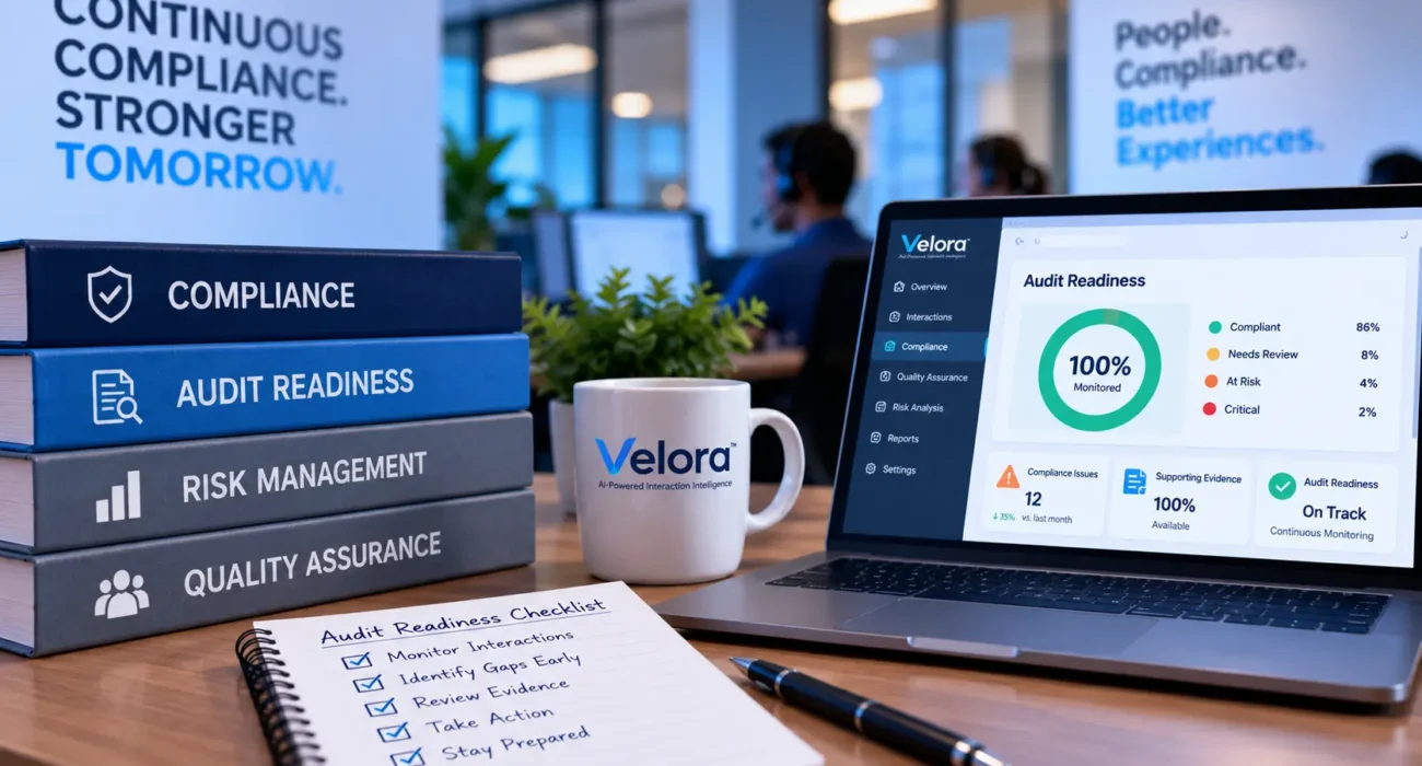 Velora AI compliance dashboard supporting continuous contact center audit readiness and risk management