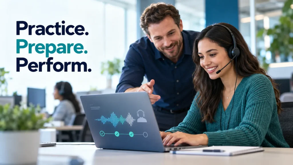 Contact center agent practicing with support from a trainer