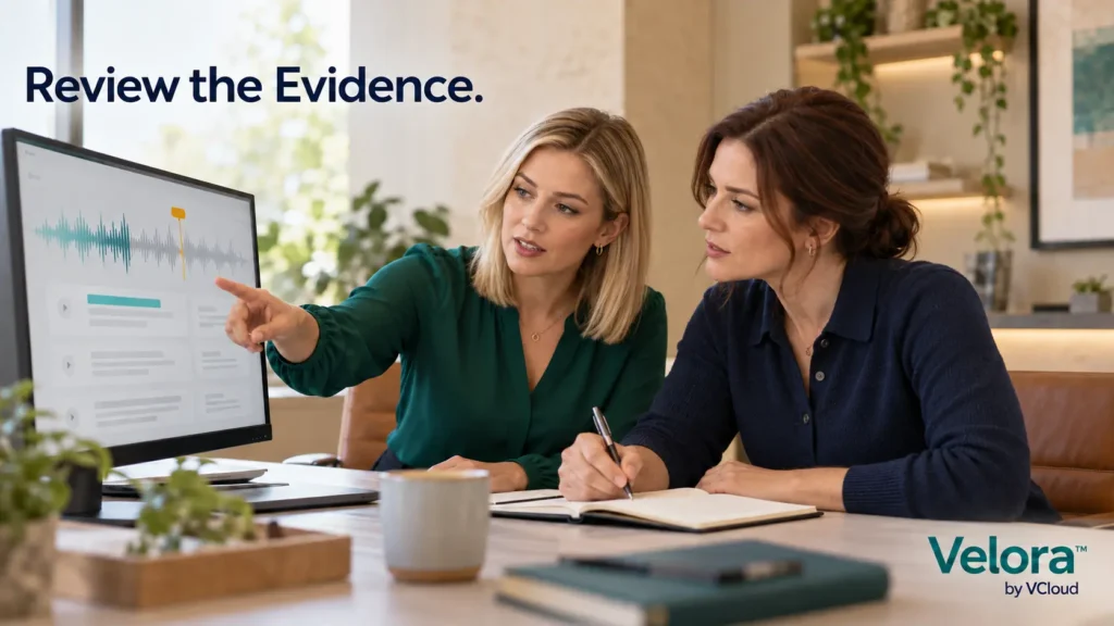 Compliance and QA specialists reviewing flagged call evidence