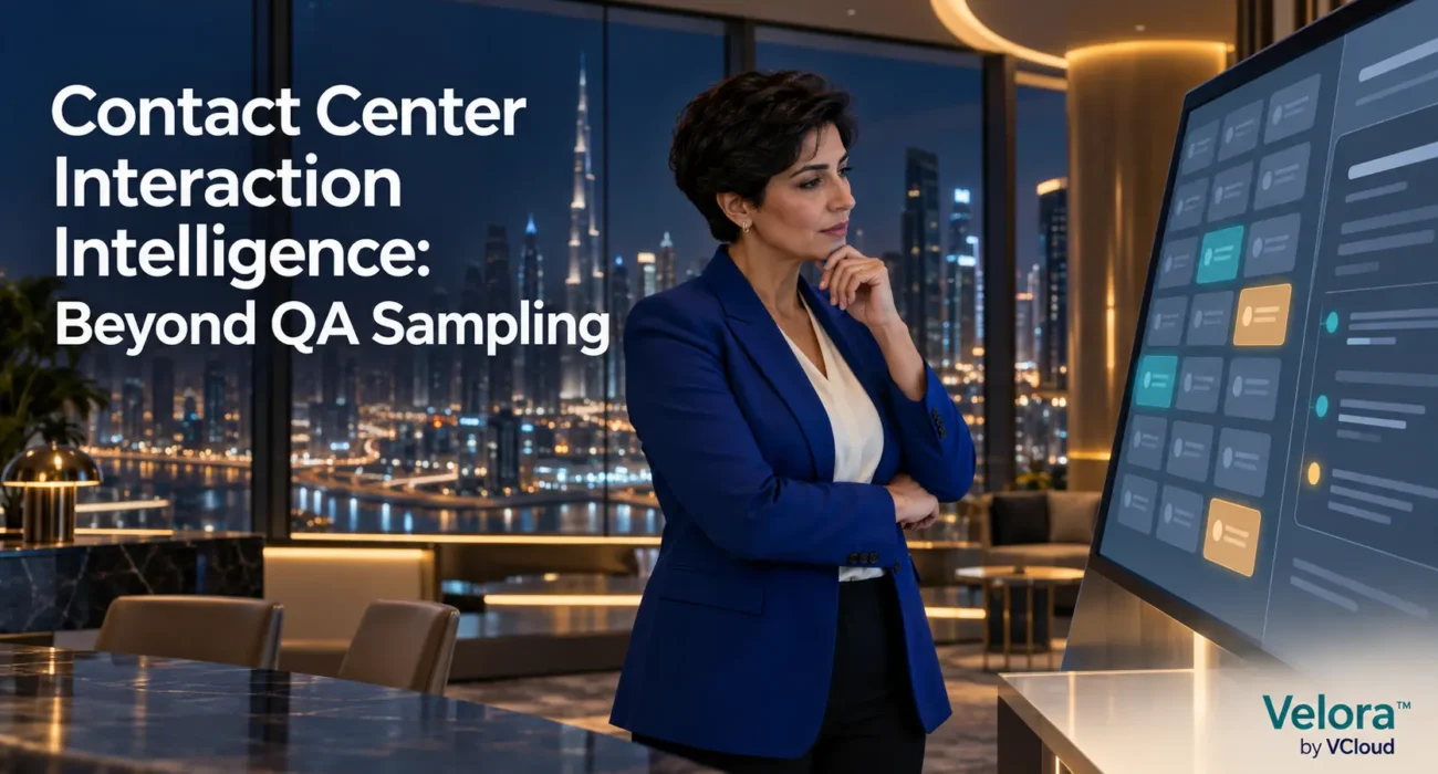 Operations leader reviewing contact center interaction intelligence across customer conversations
