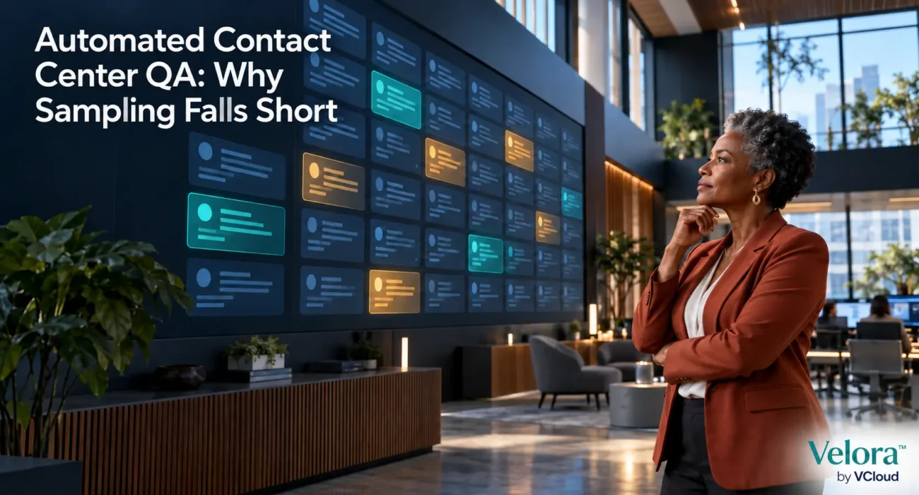Operations leader reviewing automated contact center QA findings across customer conversations
