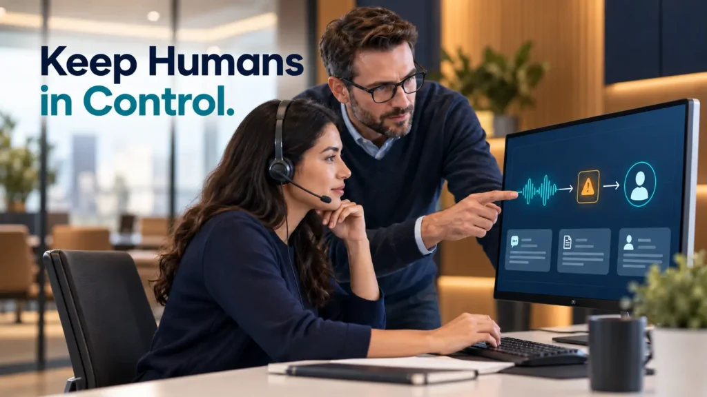 Support agent and QA lead reviewing an AI escalation requiring human oversight