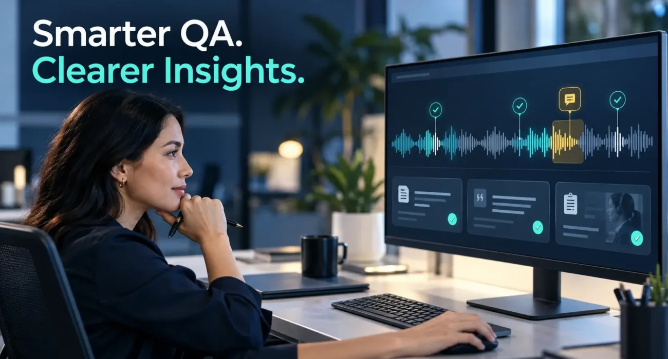 QA specialist reviewing AI-assisted call analysis and compliance flags