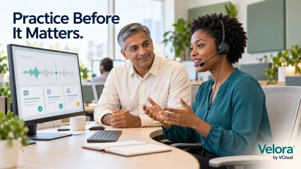 Support agent practicing a simulated customer call with a trainer
