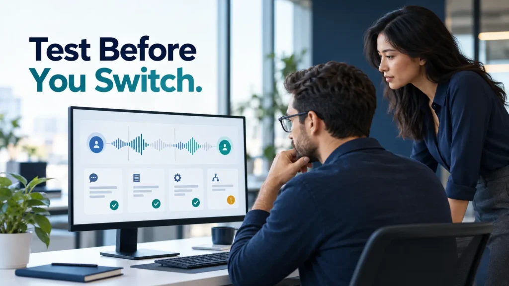 Quality assurance team reviewing AI voice agent test results
