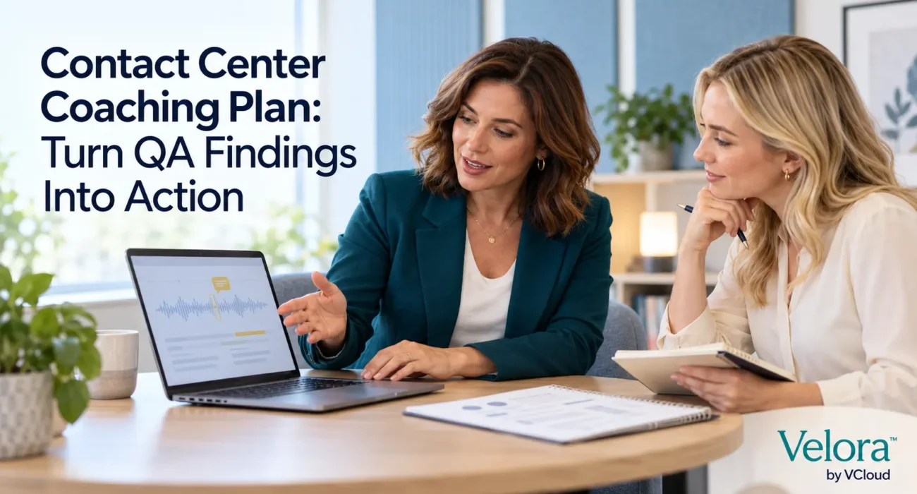 Team leader and agent reviewing QA findings to build a contact center coaching plan