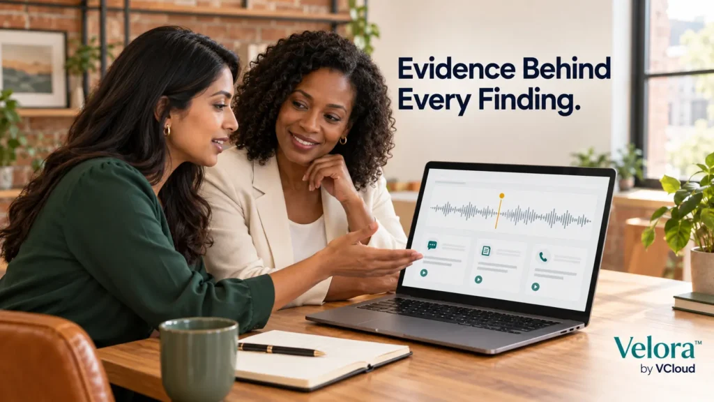 Two professionals reviewing call assessment evidence